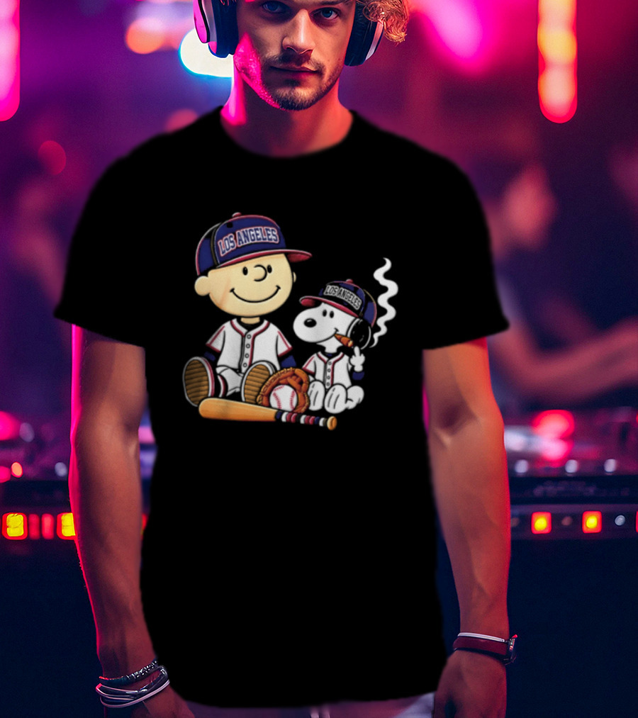 Charlie Brown Snoopy Los Angeles Angels MLB Cigar Smoking Cartoon T-Shirt
