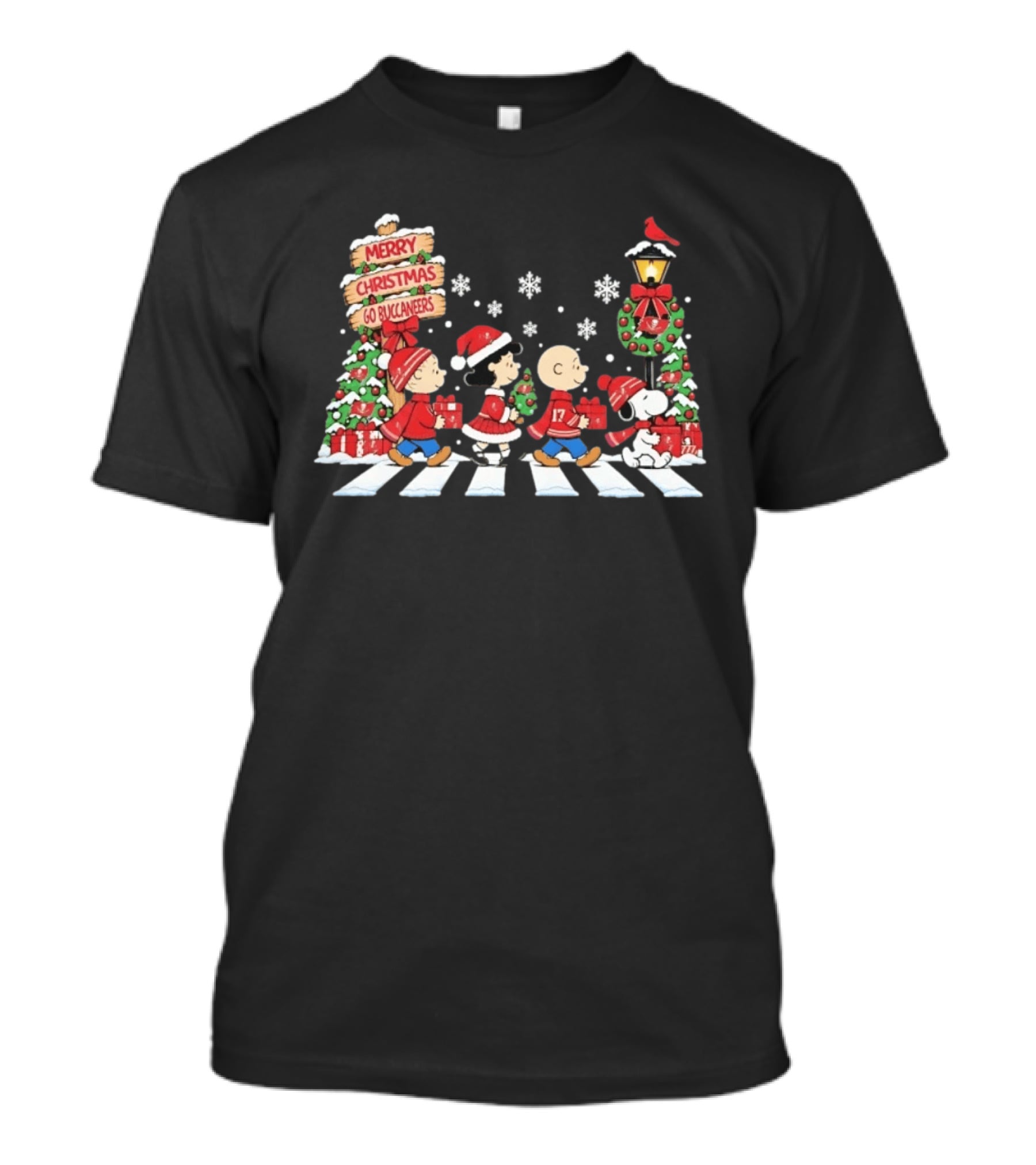 Merry Christmas Go Buccaneers Charlie Brown Snoopy Woodstock Tampa Bay Holiday T-Shirt