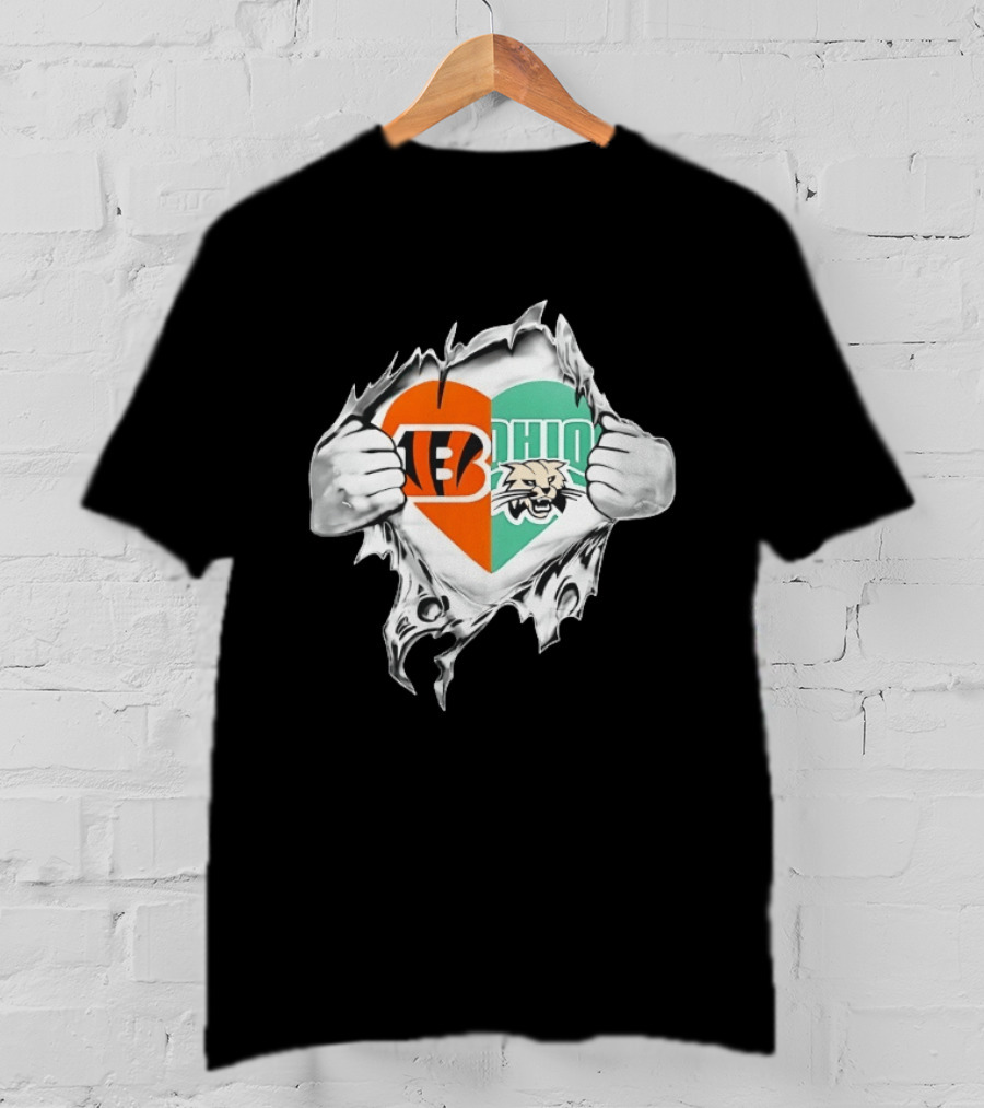 Cincinnati Bengals Ohio Bobcats Heart Superman Chest Rip T-Shirt
