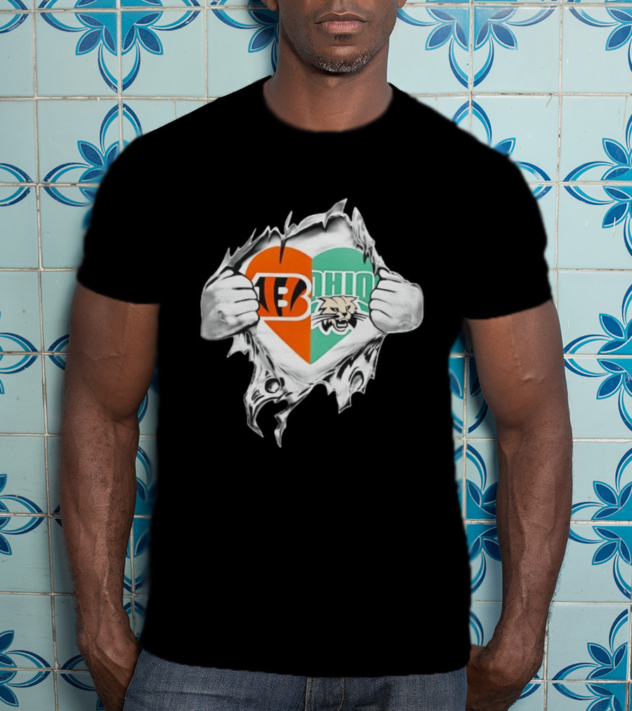 Cincinnati Bengals Ohio Bobcats Heart Superman Chest Rip T-Shirt