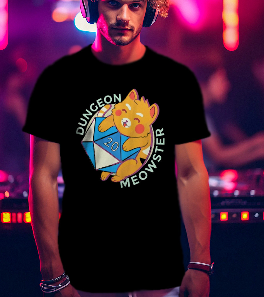 Dungeon Meowster Cat With D20 Dice Dungeons And Dragons T-Shirt