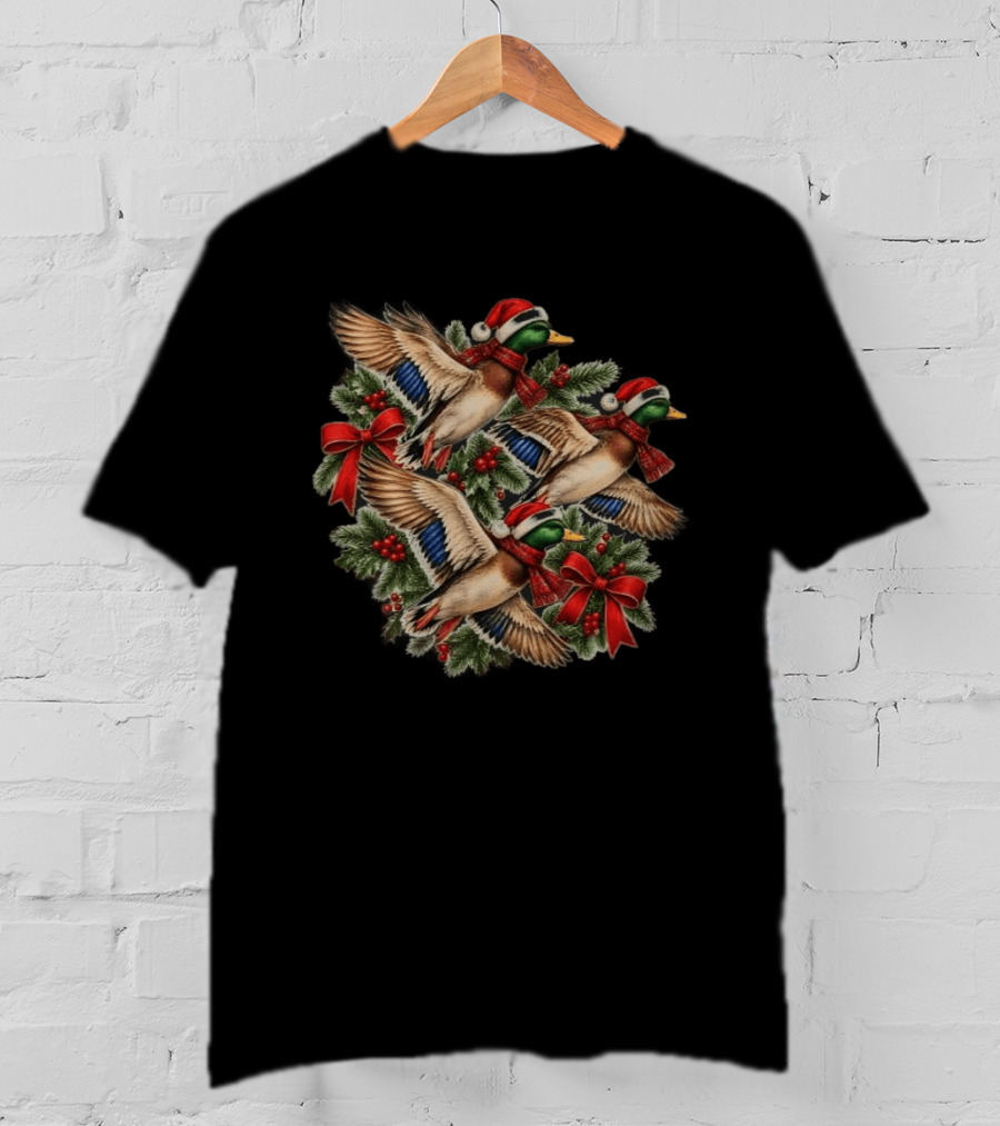 Flying Mallard Ducks With Santa Hats And Christmas Scarves In Festive Wreath T-Shirt