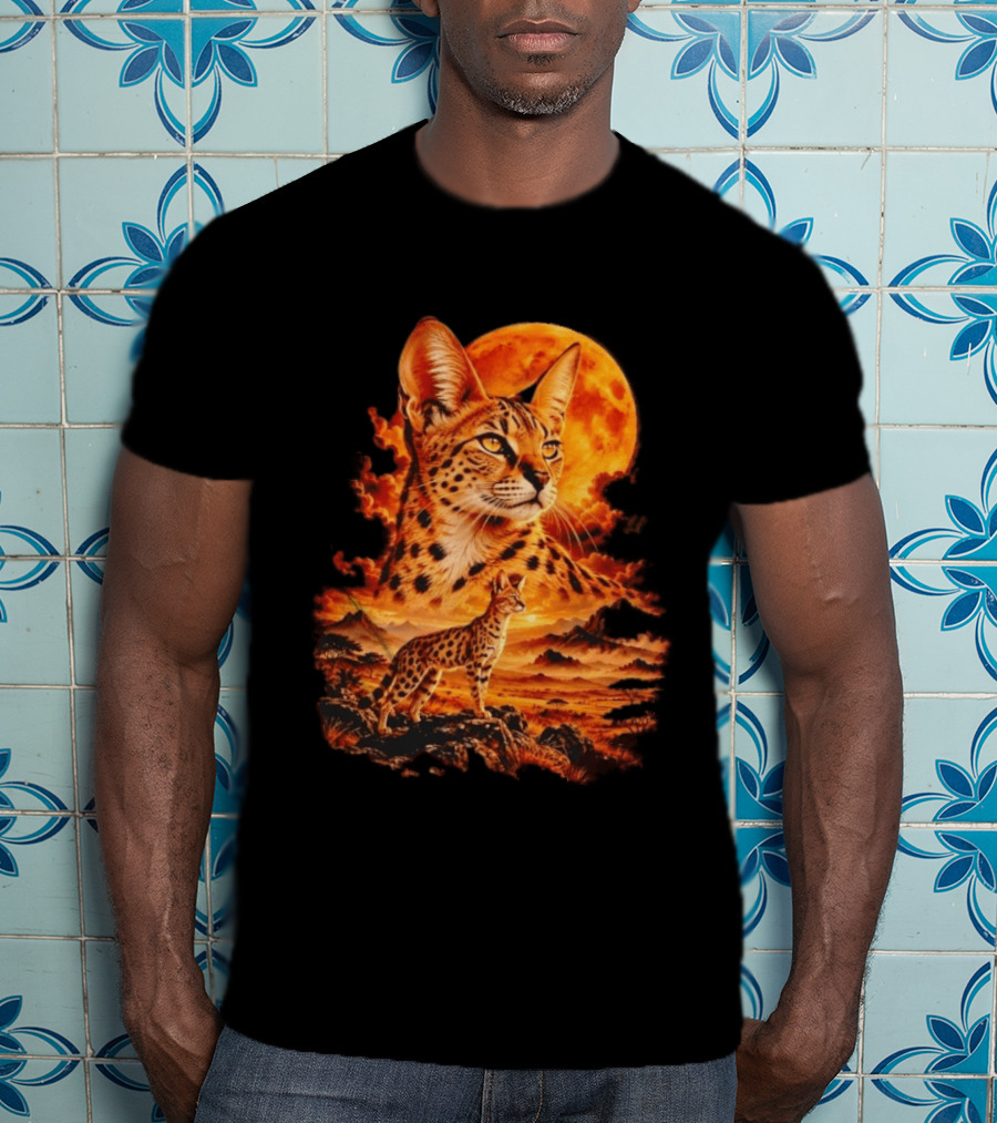 Serval Cat Majestic African Savannah Sunset Scene T-Shirt