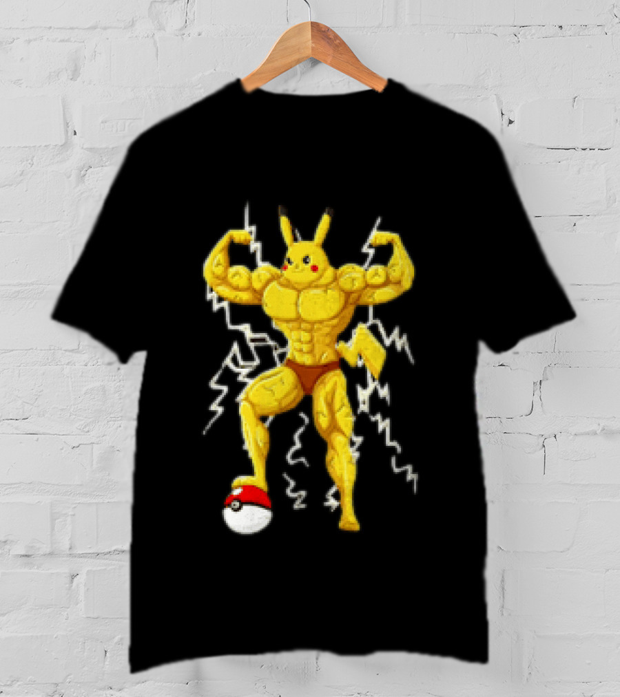 Pikachu Muscular Pokemon Character Flexing Lightning Power T-Shirt