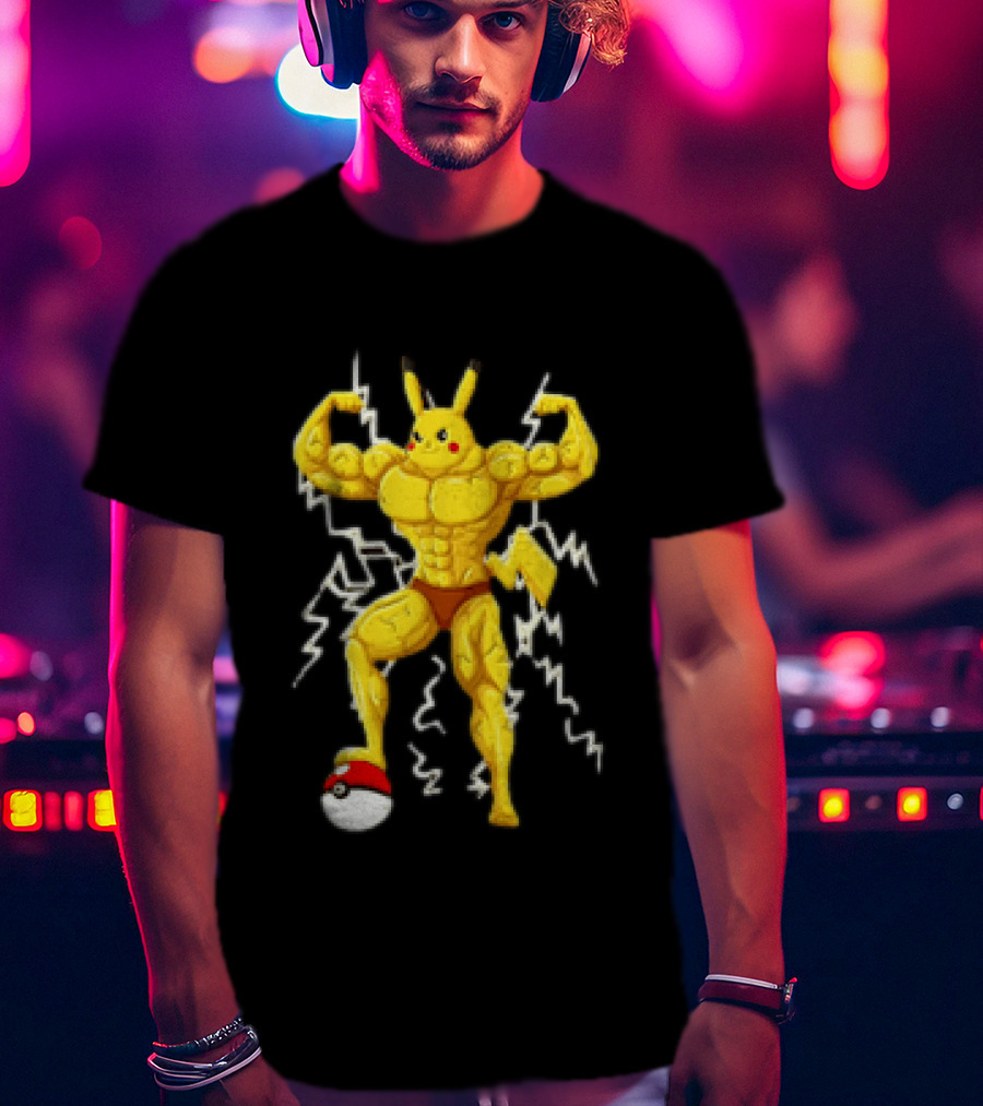 Pikachu Muscular Pokemon Character Flexing Lightning Power T-Shirt