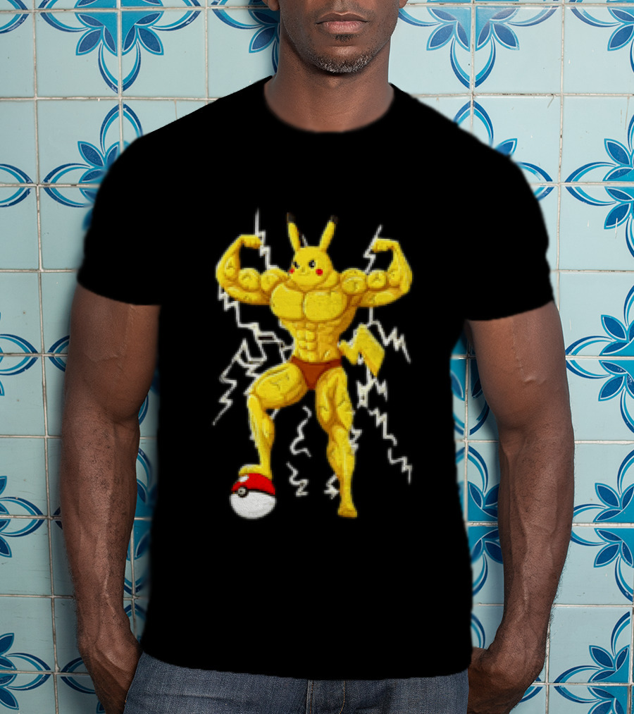 Pikachu Muscular Pokemon Character Flexing Lightning Power T-Shirt