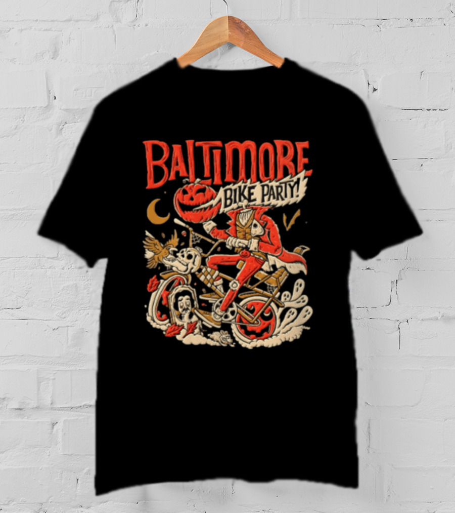 Baltimore Bike Party Halloween Headless Horseman Pumpkin Biker Moon Owl T-Shirt