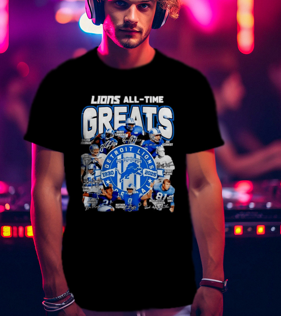 Detroit Lions All Time Greats Featuring Barry Sanders And Matthew Stafford T-Shirt