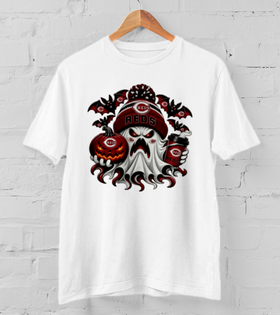 Ghost Pumpkin Cincinnati Reds Coffee Halloween Spooky 2026 Bats T-Shirt