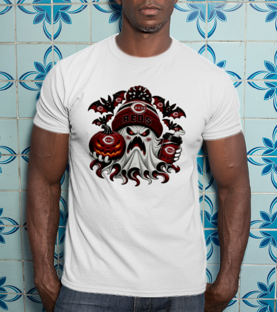 Ghost Pumpkin Cincinnati Reds Coffee Halloween Spooky 2026 Bats T-Shirt
