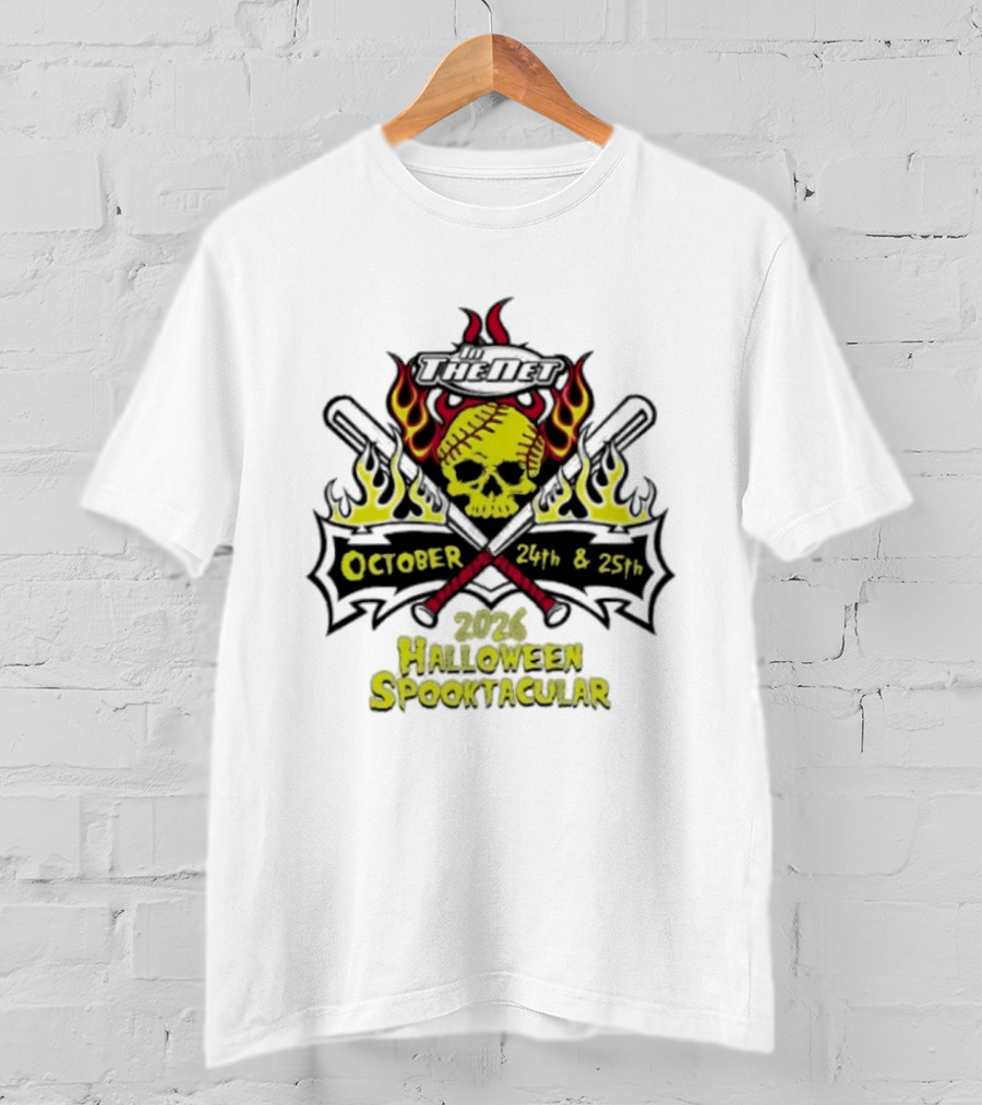 In The Net 2026 Halloween Spooktacular October 24th And 25th Skull Flames Crossed Bats T-Shirt