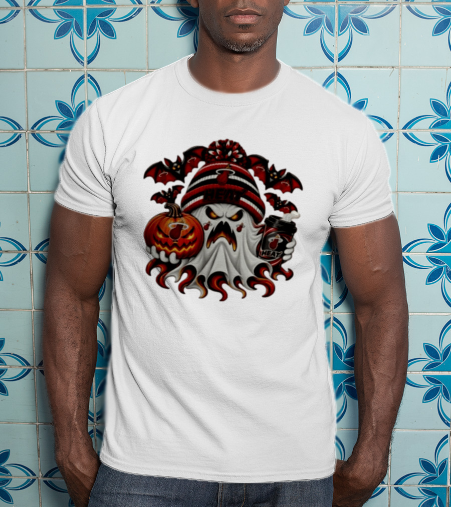 Miami Heat Halloween Ghost Coffee Pumpkin Bats Spooky 2026 T-Shirt