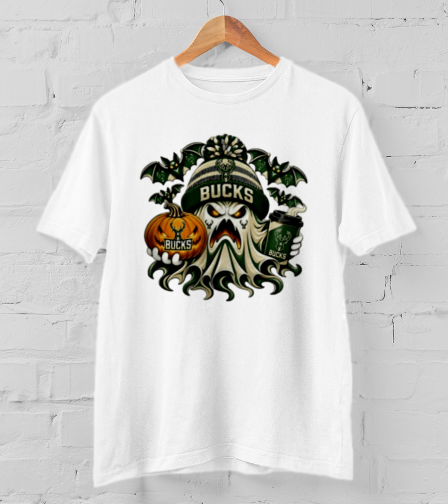 Milwaukee Bucks Spooky Ghost With Pumpkin And Coffee Halloween 2026 T-Shirt