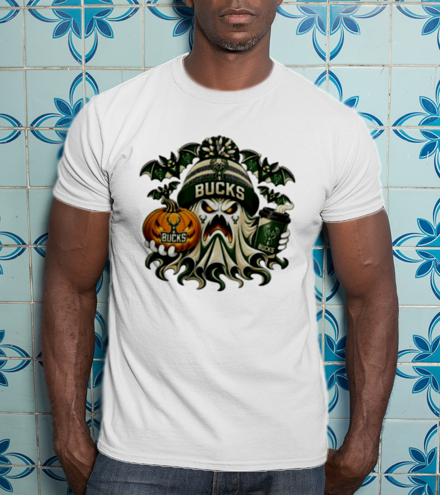 Milwaukee Bucks Spooky Ghost With Pumpkin And Coffee Halloween 2026 T-Shirt