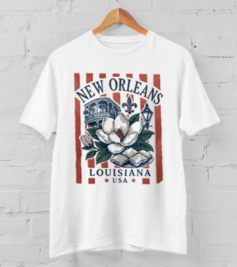 New Orleans Louisiana USA Magnolia Flower Streetcar Fleur De Lis T-Shirt