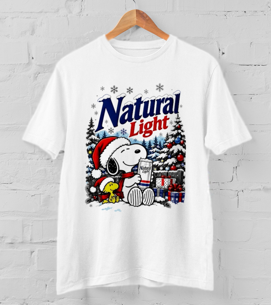 Snoopy Woodstock Santa Hat Natural Light Christmas Tree Presents T-Shirt