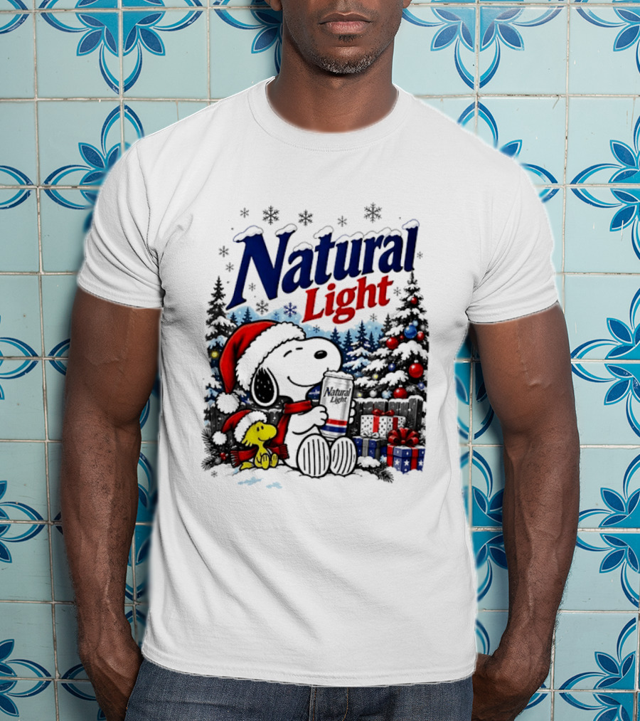 Snoopy Woodstock Santa Hat Natural Light Christmas Tree Presents T-Shirt