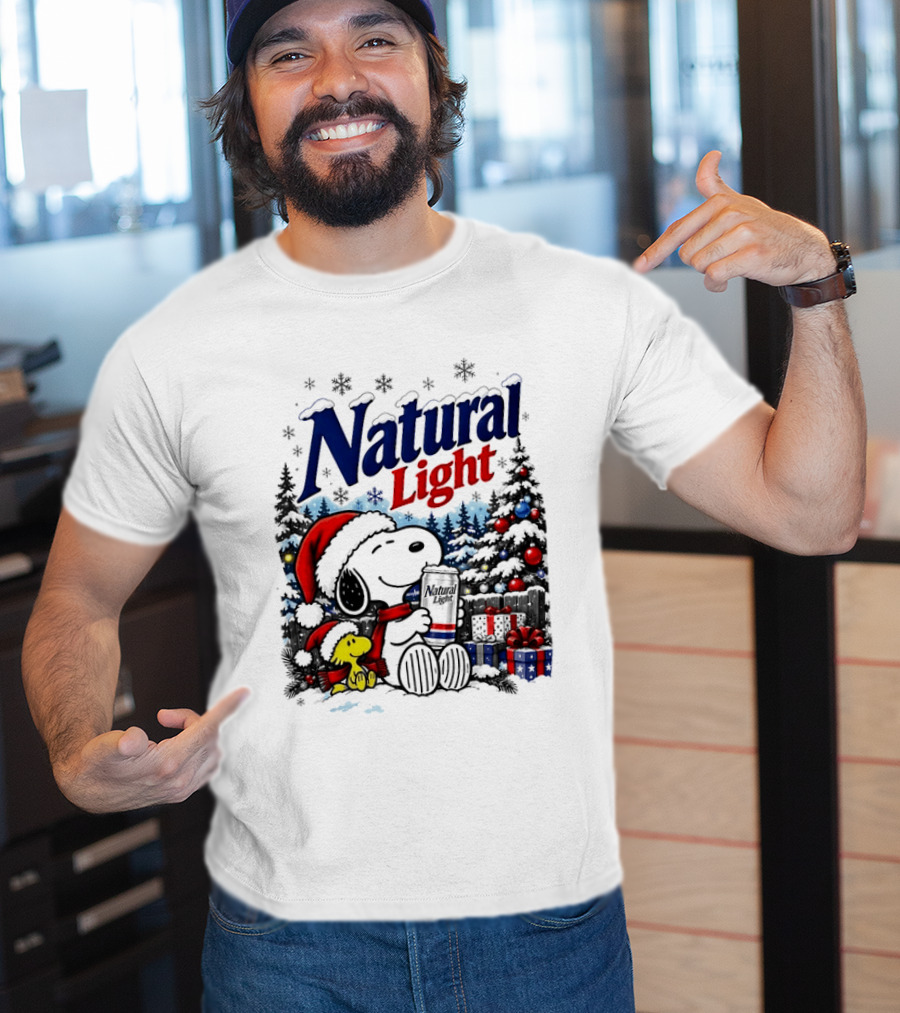 Snoopy Woodstock Santa Hat Natural Light Christmas Tree Presents T-Shirt