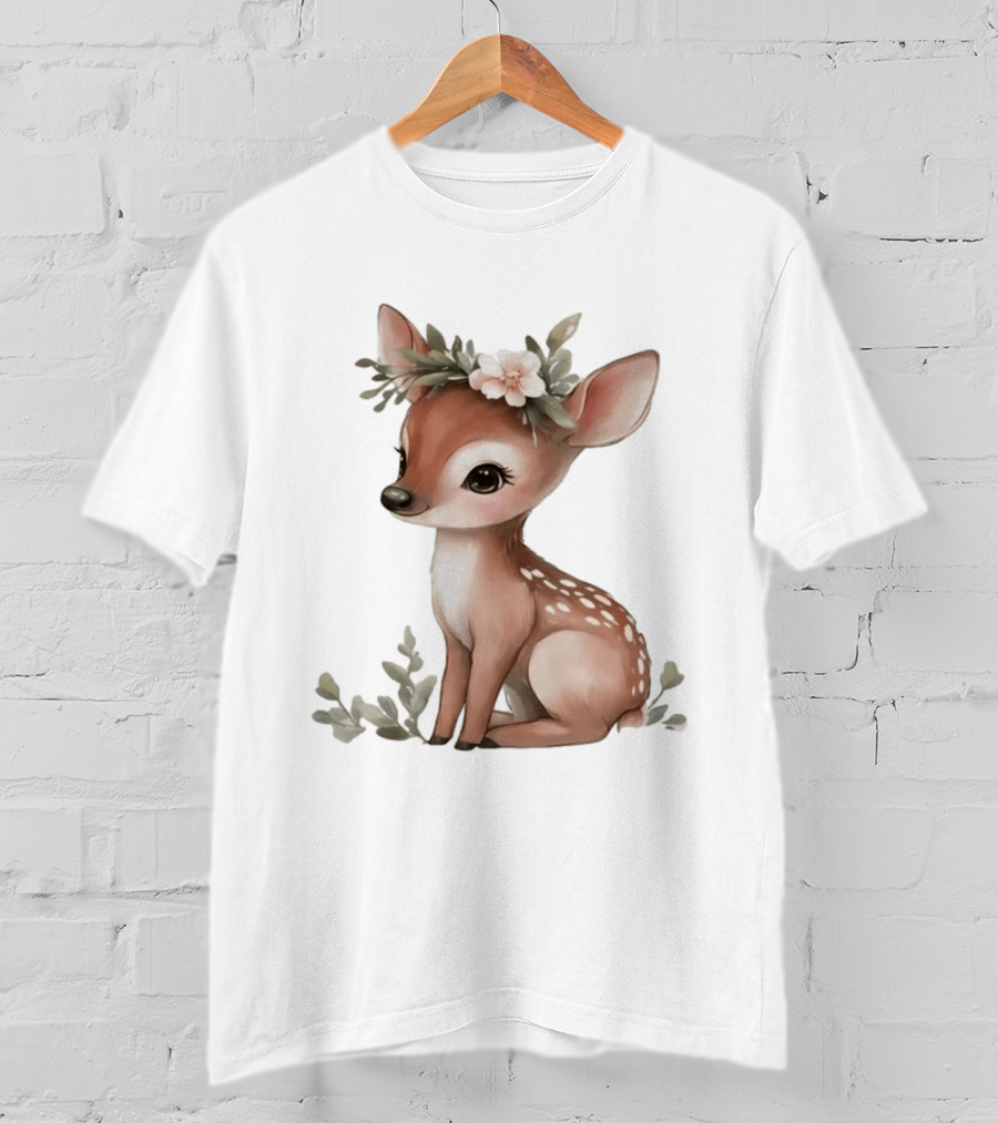 Cute Baby Deer Floral Crown Clipart T-Shirt