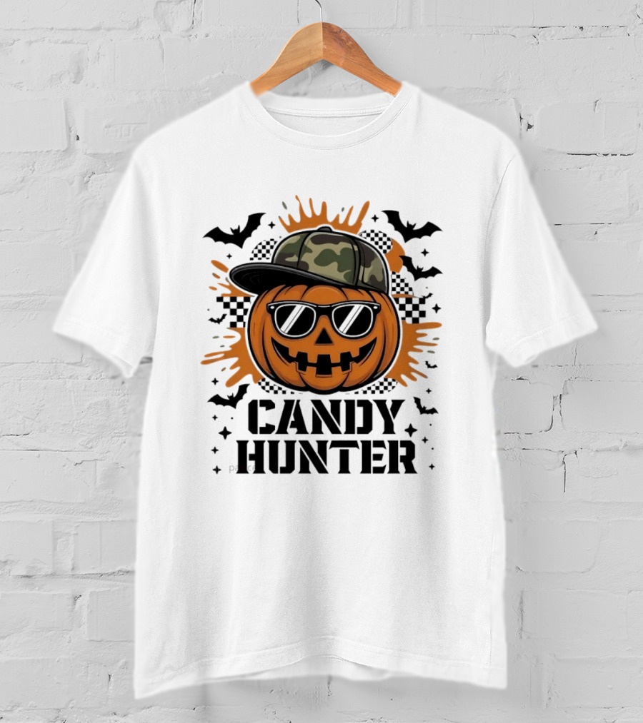 Candy Hunter Pumpkin Camo Hat Sunglasses Halloween Bats T-Shirt