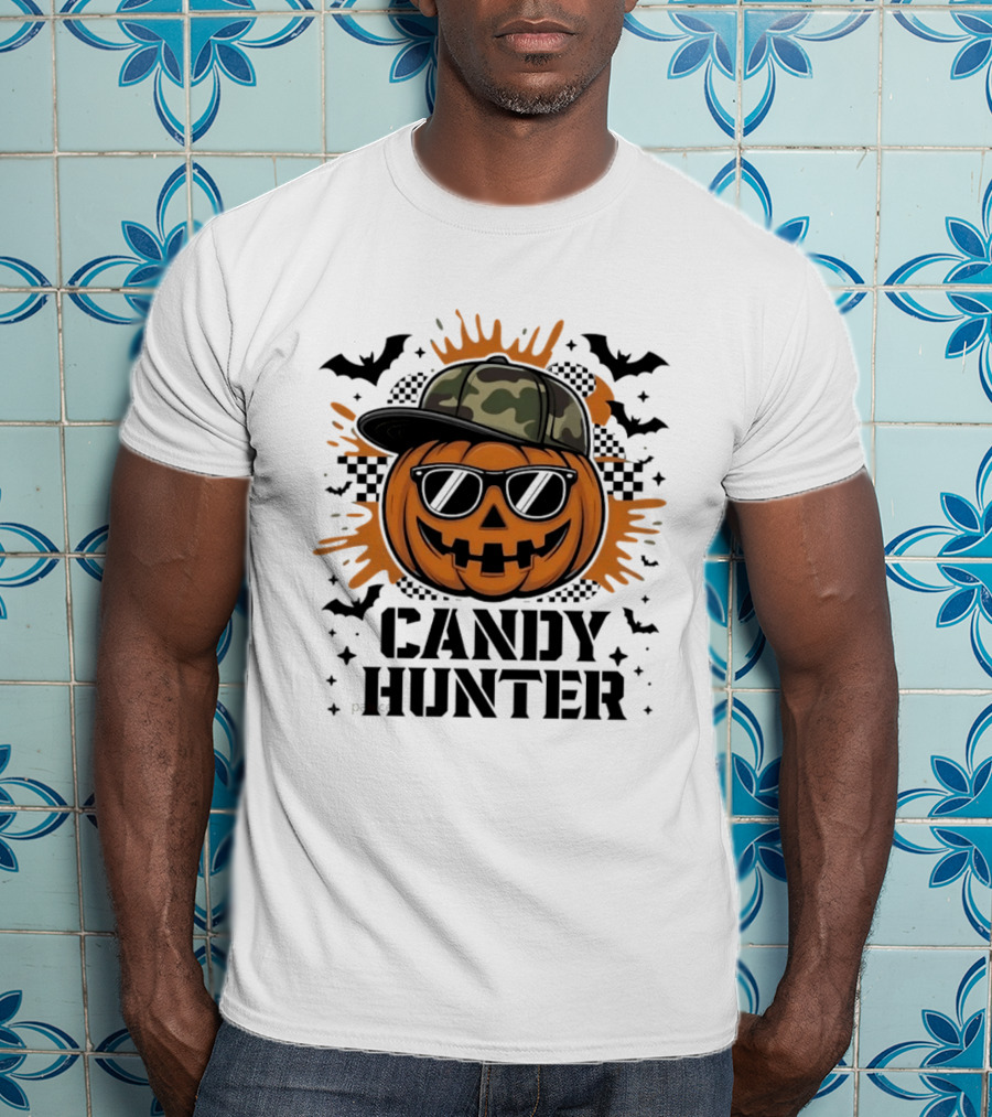 Candy Hunter Pumpkin Camo Hat Sunglasses Halloween Bats T-Shirt