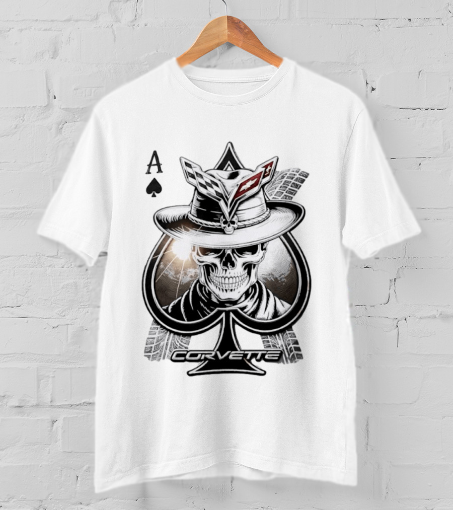 Corvette Ace Of Spades Skull Cowboy Chevrolet Hat Poker Cards T-Shirt