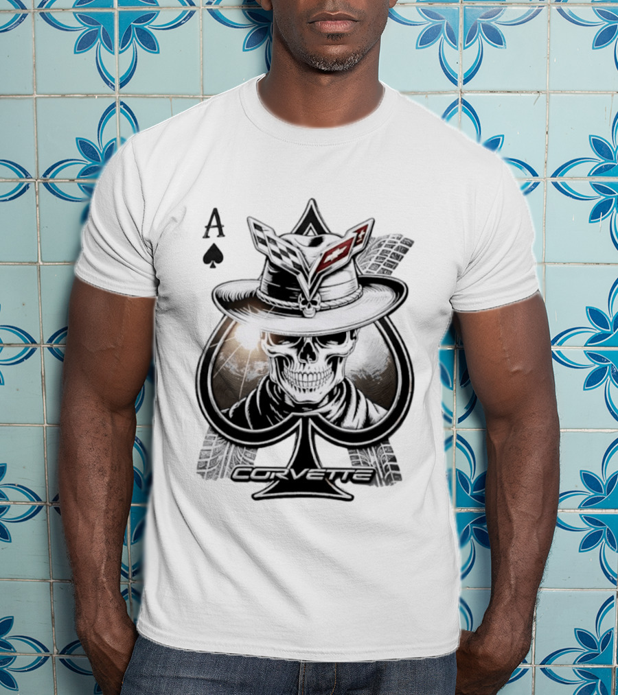 Corvette Ace Of Spades Skull Cowboy Chevrolet Hat Poker Cards T-Shirt