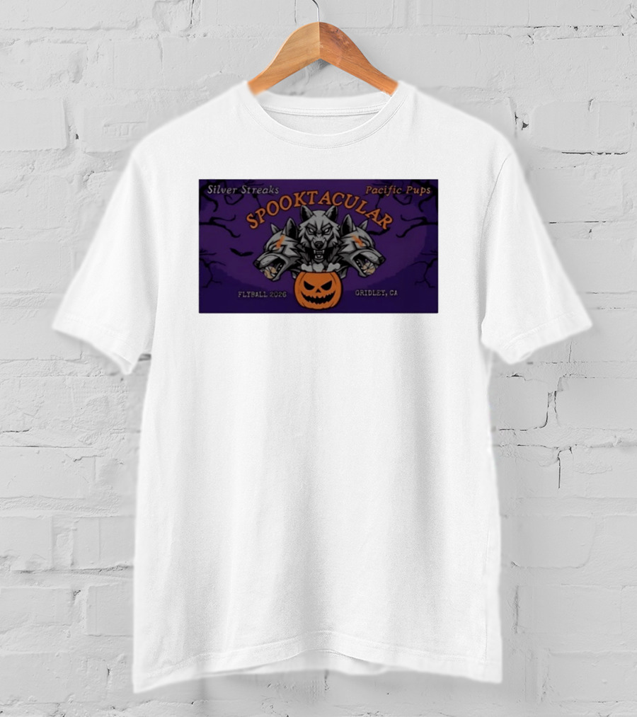 Silver Streaks Pacific Pups Spooktacular Flyball 2026 Gridley CA Halloween Three Headed Wolf Pumpkin T-Shirt