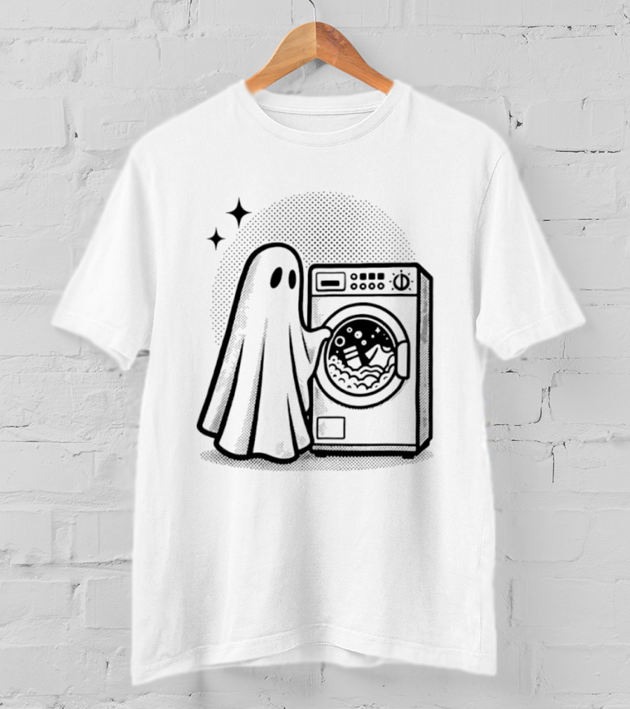 Ghost Laundry Day With Washing Machine And Stars T-Shirt