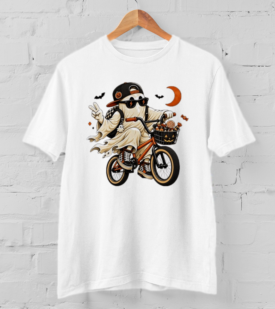 Ghost On Bike With Halloween Candy And Peace Sign Moon And Bats T-Shirt