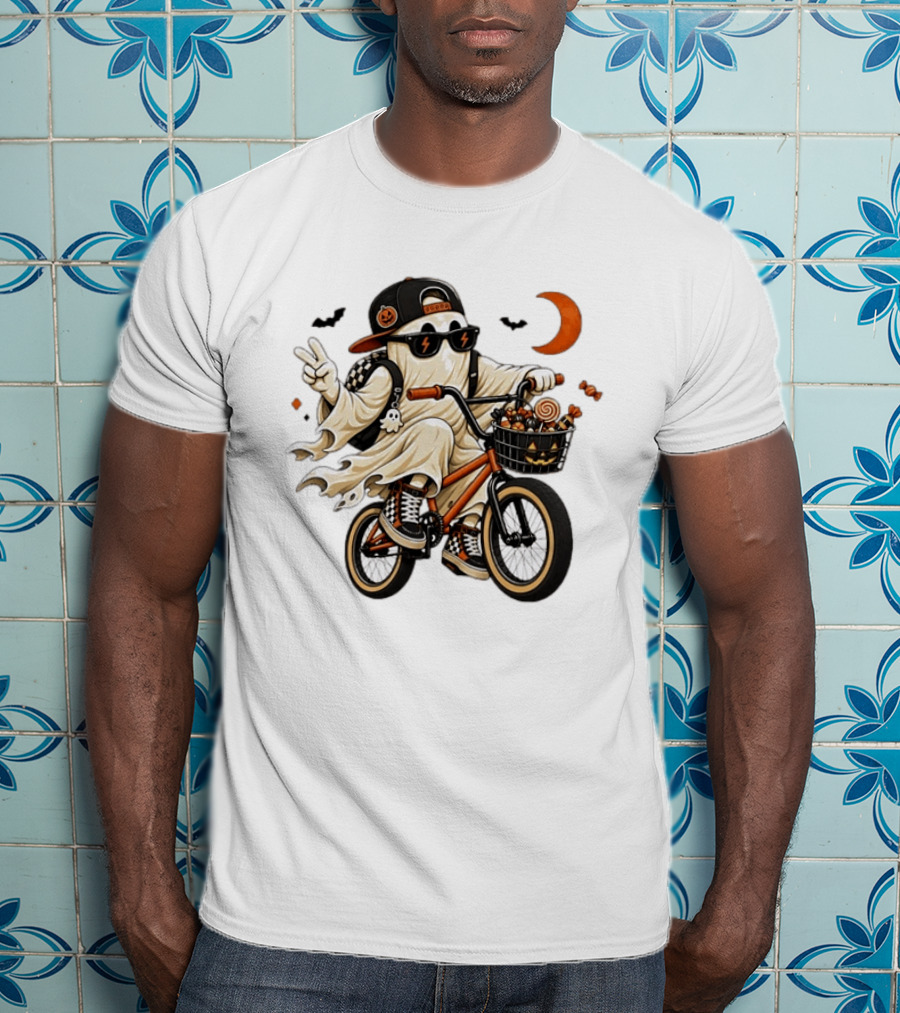 Ghost On Bike With Halloween Candy And Peace Sign Moon And Bats T-Shirt