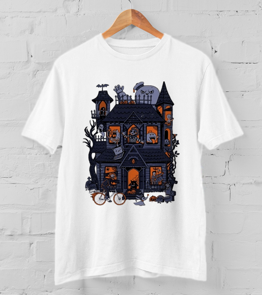 Haunted House With Stay Puft Marshmallow Man Horror Characters T-Shirt