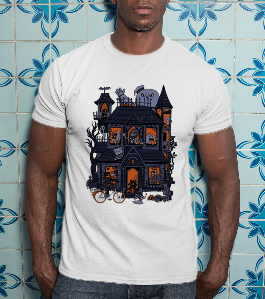 Haunted House With Stay Puft Marshmallow Man Horror Characters T-Shirt