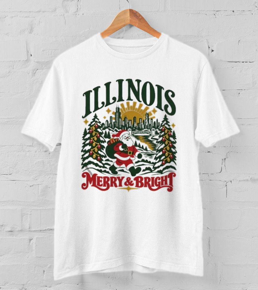 Illinois Merry And Bright Christmas Santa Skyline Forest 2026 T-Shirt