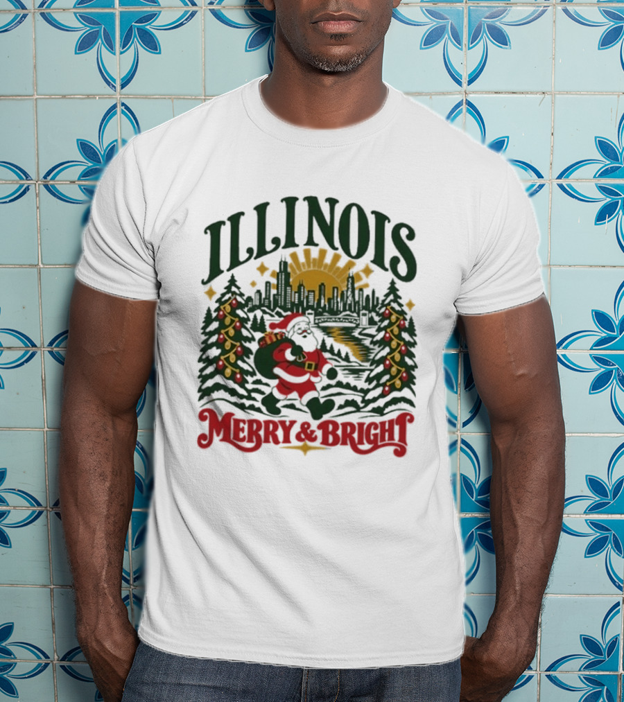 Illinois Merry And Bright Christmas Santa Skyline Forest 2026 T-Shirt