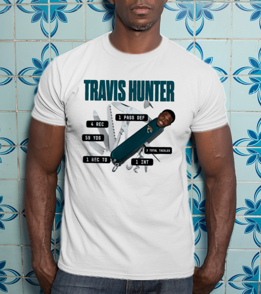 Travis Hunter Swiss Army Knife 4 REC 59 YDS 1 REC TD Jacksonville Jaguars T-Shirt