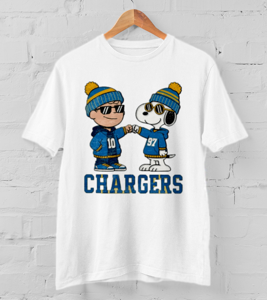 Los Angeles Chargers Charlie Brown Snoopy Fist Bump Blue Beanie Pom Pom T-Shirt