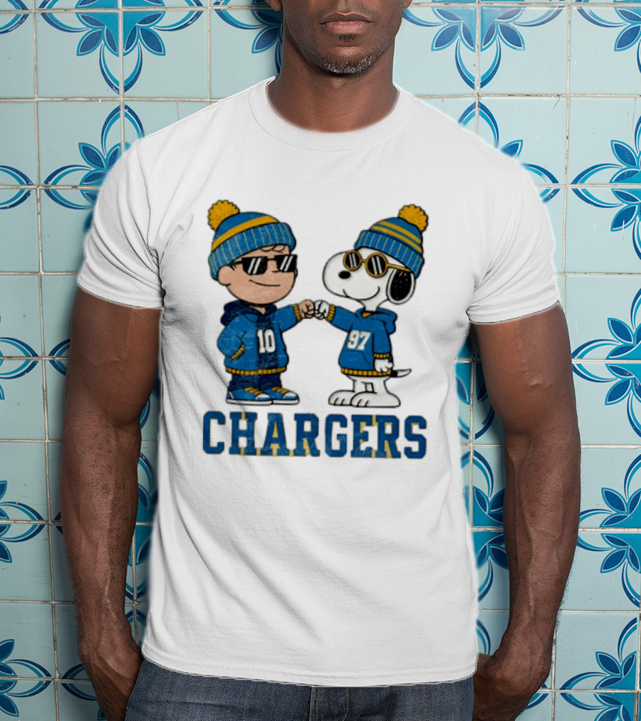 Los Angeles Chargers Charlie Brown Snoopy Fist Bump Blue Beanie Pom Pom T-Shirt