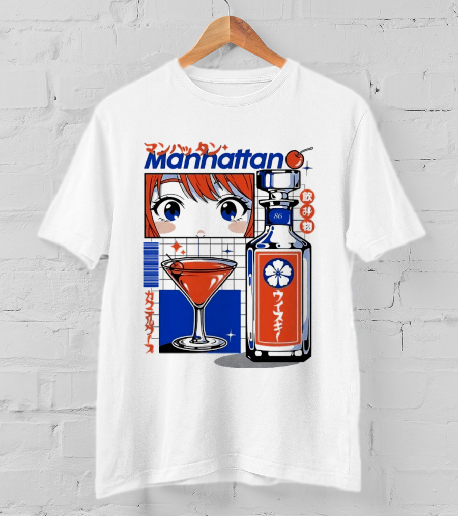 Manhattan Anime Style Whiskey Bottle With Cocktail And Cherry T-Shirt