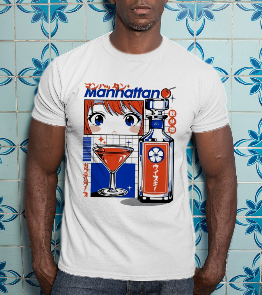 Manhattan Anime Style Whiskey Bottle With Cocktail And Cherry T-Shirt
