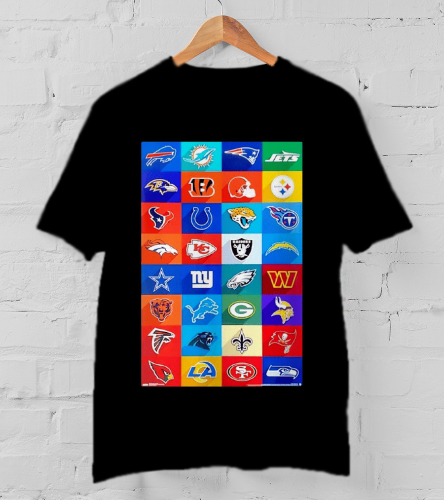 NFL Teams 32 Logos Grid Buffalo Rams Giants Packers 49ers Seahawks T-Shirt