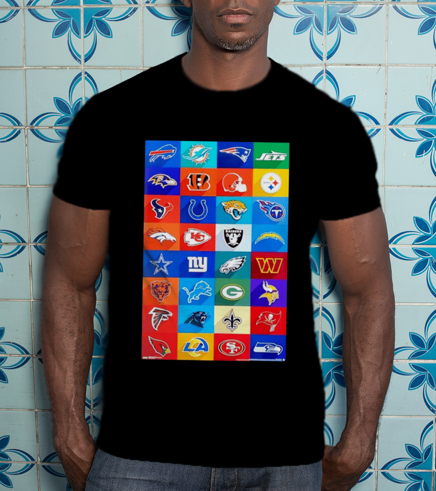 NFL Teams 32 Logos Grid Buffalo Rams Giants Packers 49ers Seahawks T-Shirt