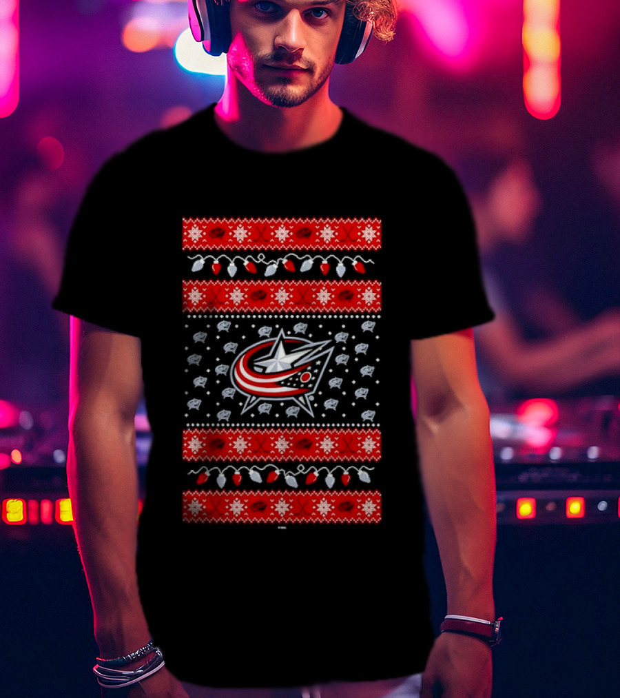 Columbus Blue Jackets Holiday Knit Red Green Snowflakes Hockey Winter T-Shirt