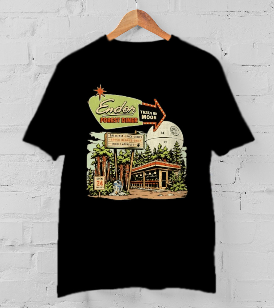 Endor Forest Diner Breakfast Lunch Dinner Moon Star Wars 24 Hours R2 D2 T-Shirt