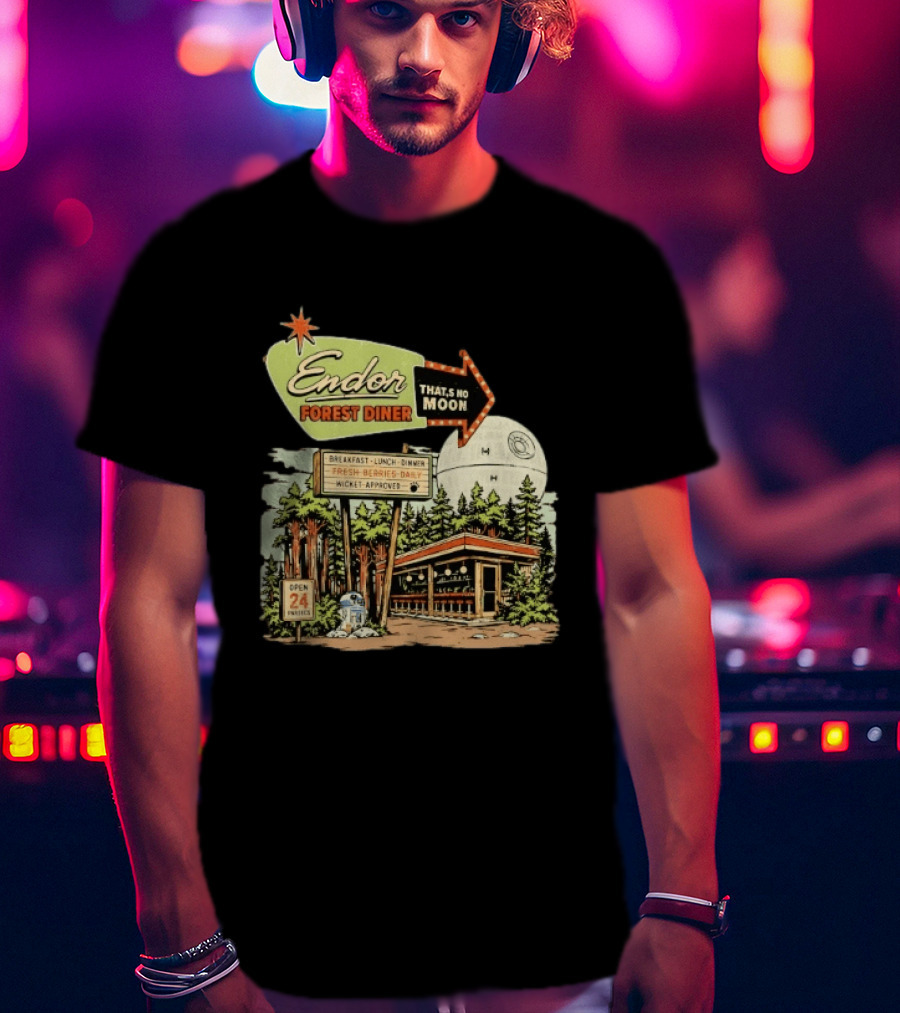Endor Forest Diner Breakfast Lunch Dinner Moon Star Wars 24 Hours R2 D2 T-Shirt