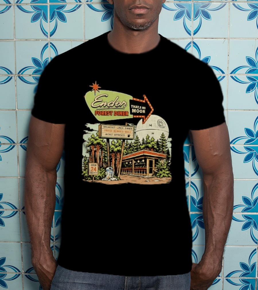 Endor Forest Diner Breakfast Lunch Dinner Moon Star Wars 24 Hours R2 D2 T-Shirt