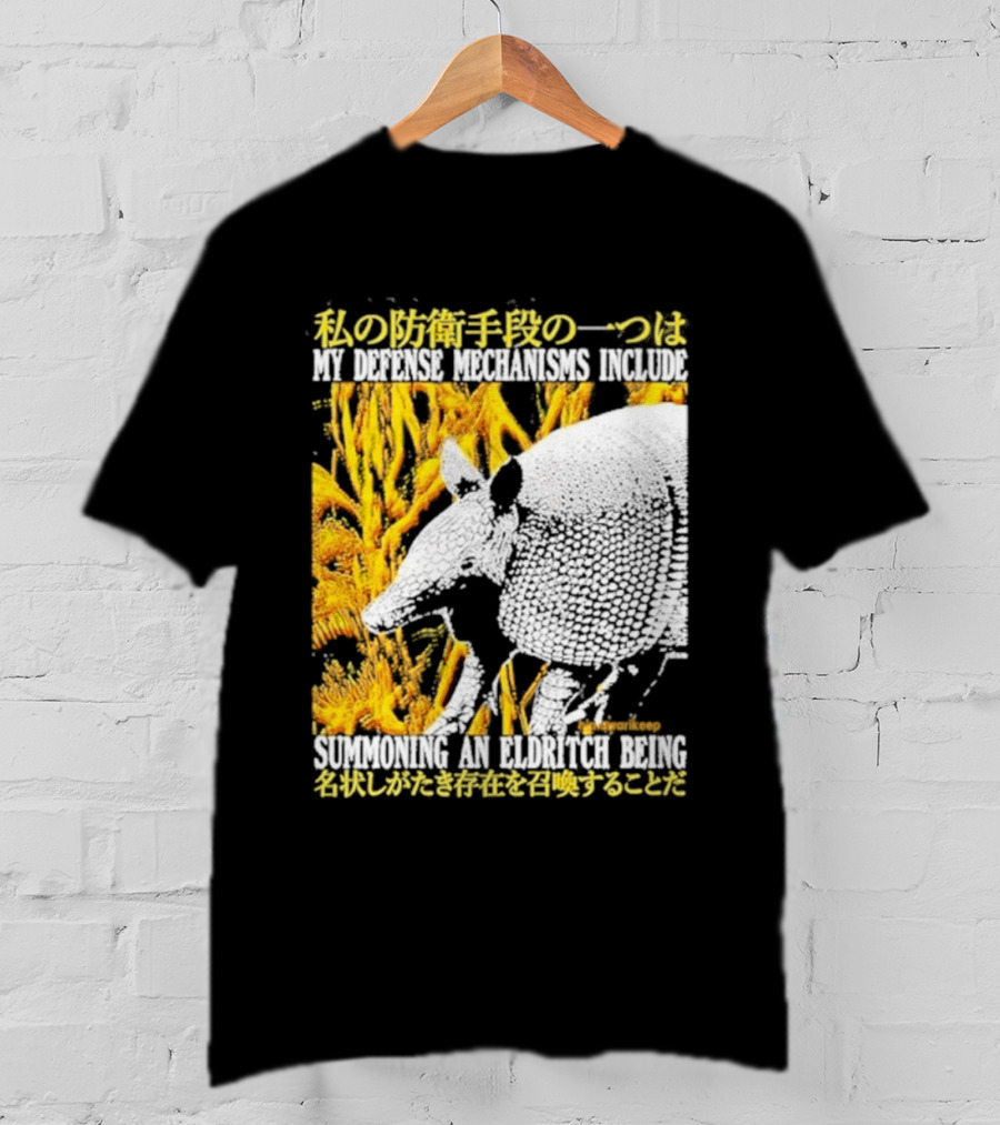 My Defense Mechanisms Include Summoning An Eldritch Being Japanese Text Immersed In Fiery Abstract T-Shirt