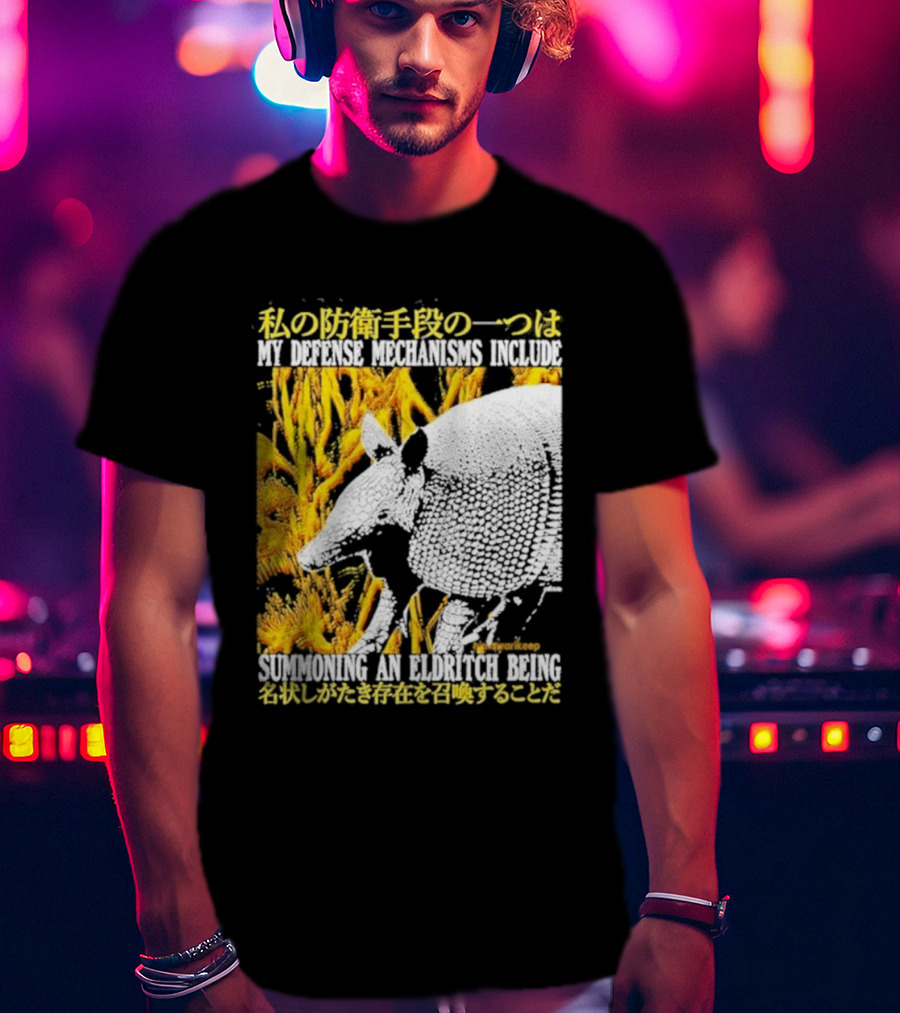 My Defense Mechanisms Include Summoning An Eldritch Being Japanese Text Immersed In Fiery Abstract T-Shirt