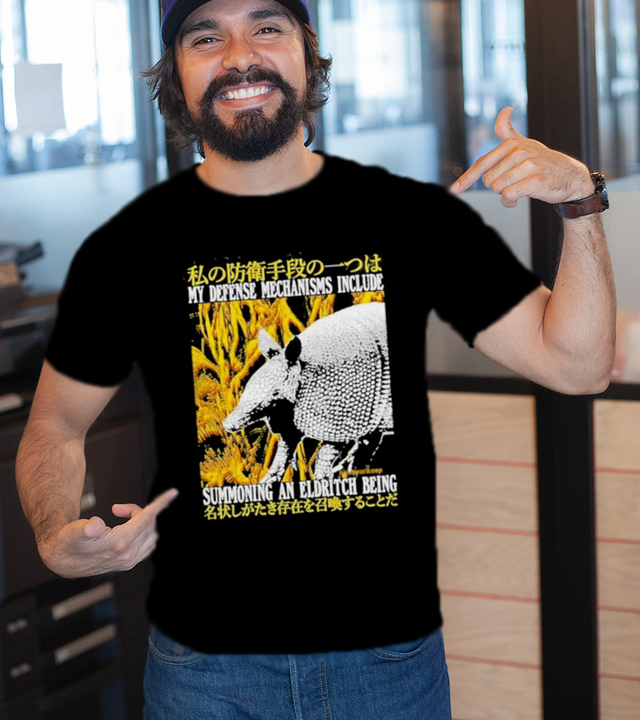 My Defense Mechanisms Include Summoning An Eldritch Being Japanese Text Immersed In Fiery Abstract T-Shirt
