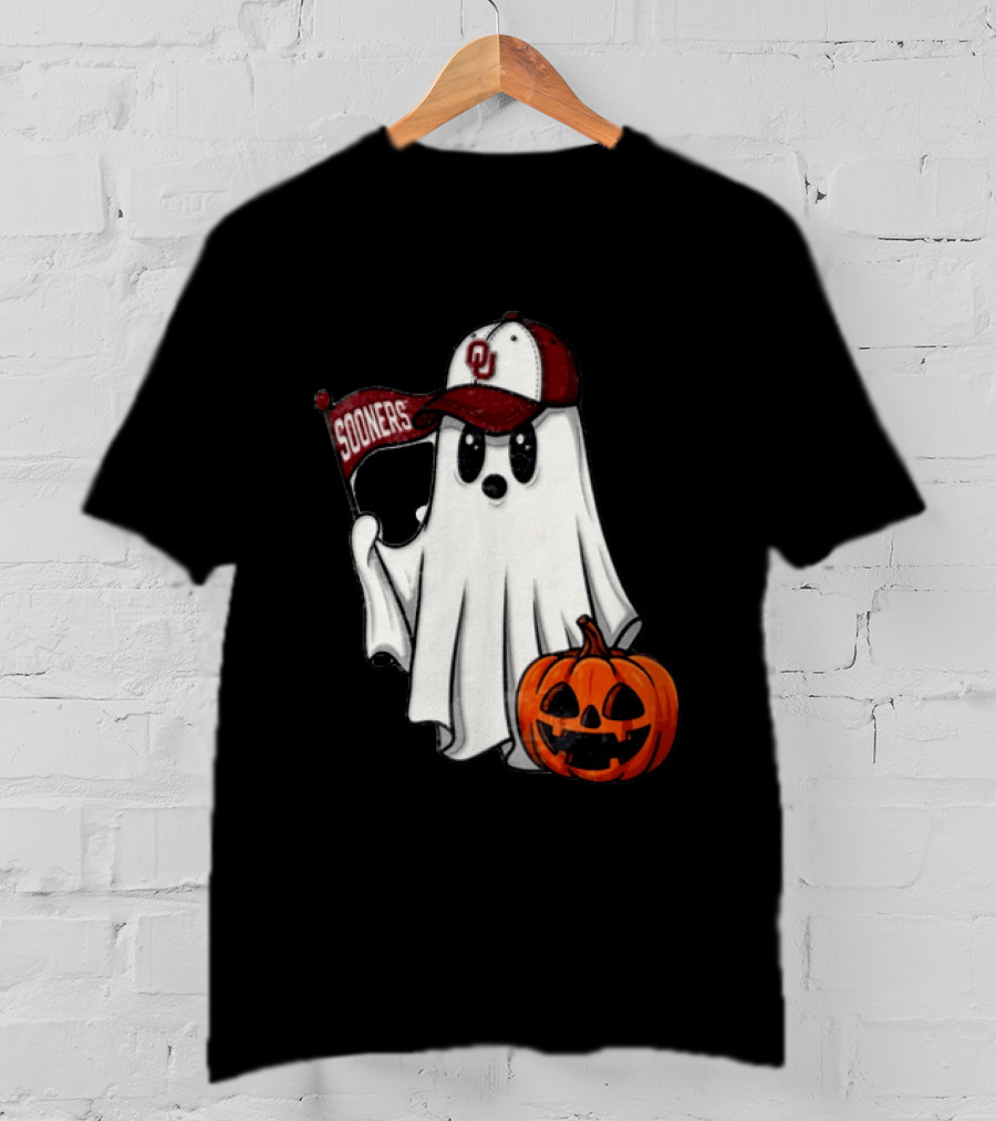 Oklahoma Sooners Ghost With Pumpkin Halloween Fan Gear T-Shirt